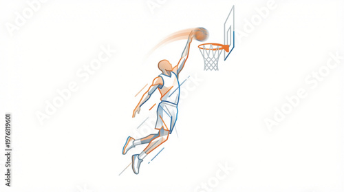Man dunking basketball with one hand.