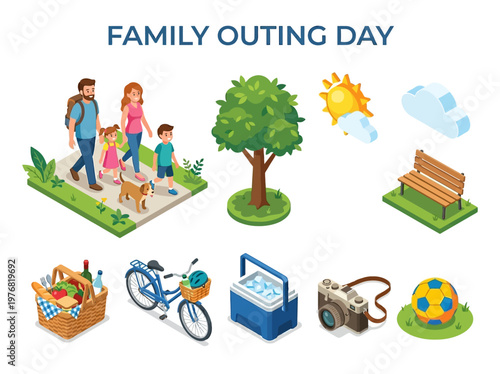 Vibrant illustration capturing the joy of a family outing with picnic, bicycle, camera, and sports gear