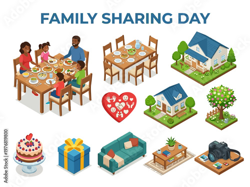 Family Sharing Day celebration with food, gifts, and togetherness illustration
