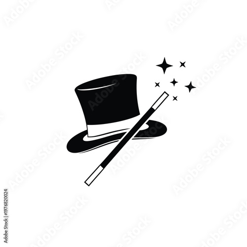 Magician's hat and wand sparkle magic in mysterious night