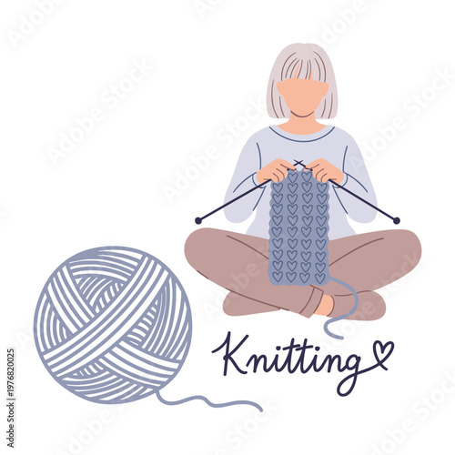 Woman knitting with yarn and needles, hobby, craft, relaxation, hygge concept