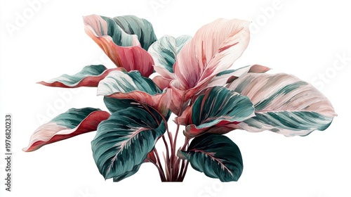 Vibrant Calathea Orbifolia leaves with striking pink and teal variegation on a white background
