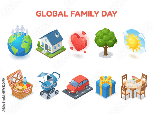 Illustrations depicting symbols of family, home, and celebration for Global Family Day