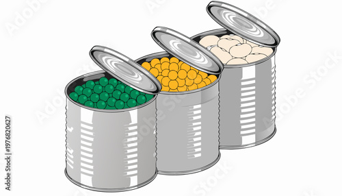 Set of realistic metal food cans with vegetable fillings, canned goods packaging mockup for grocery and pantry concepts..eps