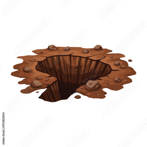 Cartoon Open Pit Hole with Soil and Rocks on White Background