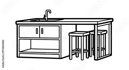 Black and white kitchen island with sink cabinets and stools illustration