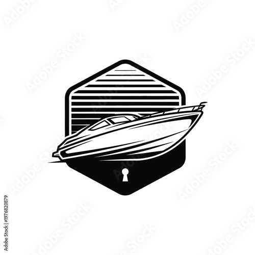 A sleek speedboat emerges from a secure hangar with a keyhole.