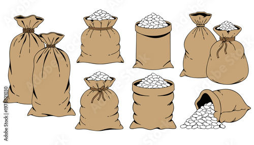 Set of burlap sacks with white beans, flat vector illustration isolated on white background.eps