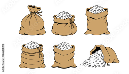Hessian bags full of coffee beans or seeds, canvas sacks icons for agriculture and food packaging design.eps