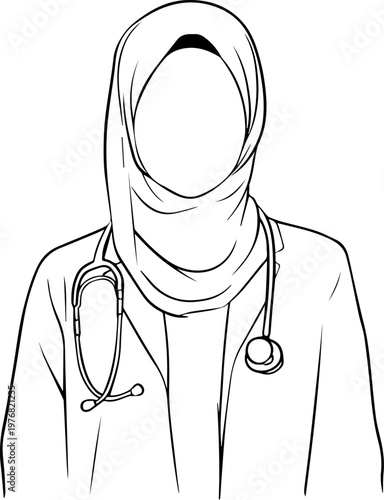 Hand Drawn Beautiful Female Doctor Wearing Hijab Black and White Illustration in Minimal Line Art Style Design