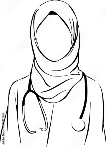 Hand Drawn Beautiful Female Doctor Wearing Hijab Black and White Illustration in Minimal Line Art Style Design