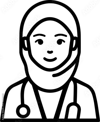 Hand Drawn Beautiful Female Doctor Wearing Hijab Black and White Illustration in Minimal Line Art Style Design