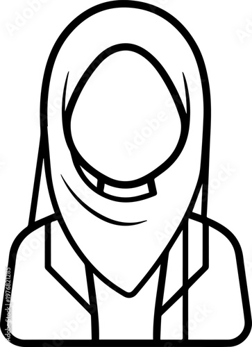 Hand Drawn Beautiful Female Doctor Wearing Hijab Black and White Illustration in Minimal Line Art Style Design