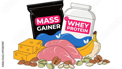 Healthy bodybuilding diet and sports supplements concept with protein powder containers surrounded by natural protein sources including poultry, almonds, cheese, and banana..eps