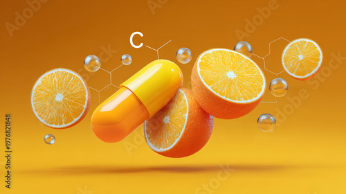 Vitamin c orange capsule supplement bubble collagen serum formula beauty treatment nutrition skin care concept
