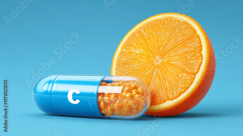 Vitamin c supplement orange capsule fruit on blue background concept health