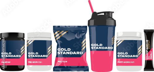 Protein powder jars, shaker bottle, and supplement sachets icons for bodybuilding and health branding.eps