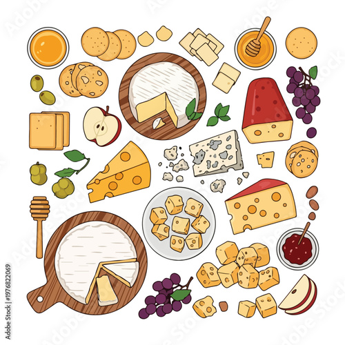 Flat lay illustration of assorted cheese, fruit, and condiments arranged on a white background with a rustic and appetizing mood.