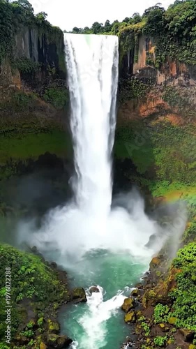A majestic waterfall cascades down a lush green cliff into a serene pool surrounded by dense tropical vegetation in the wilderness