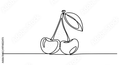 Continuous line drawing of two cherries with stem and leaf minimal vector illustration simple outline fruit design
