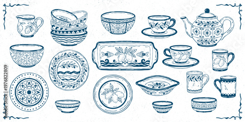 Hand-drawn vector collection of Mediterranean ceramic tableware including plates, bowls, cups, mugs, teapot, creamer, and serving dishes decorated with lemons, olives, and geometric botanical motifs