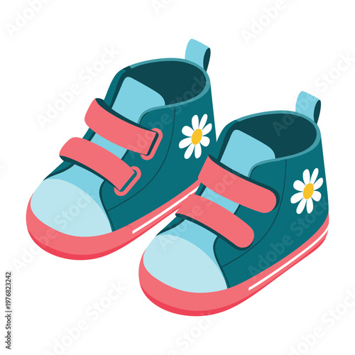 Cute Teal Baby Sneakers with Daisy Flowers and Pink Velcro Straps