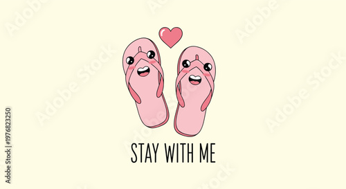Pair of cute pink flip flops with smiling faces and a heart symbol are shown with text stay with me, perfect for summer vacation.