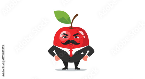 Sophisticated red apple character wearing a black suit and a mustache stands confidently, representing a dapper and unique mascot.