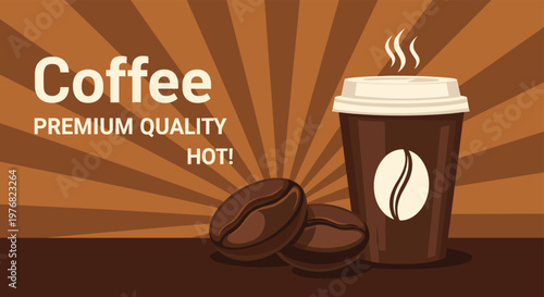 Vintage style coffee advertisement features a disposable cup and roasted beans against a sunburst background, highlighting premium quality.