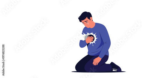 Sad man in a blue sweater kneels on the floor while crying over a broken heart, representing deep emotional pain and loneliness.