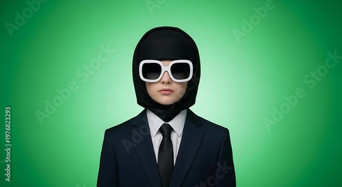 Business person in formal suit wearing retro style protective helmet and glasses