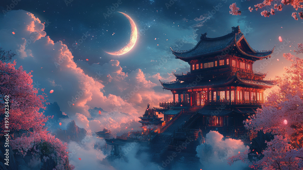 Obraz premium Traditional Asian temple complex illuminated at night. Featuring a prominent pagoda and abundant pink cherry blossoms. Creating a mystical dreamlike scene