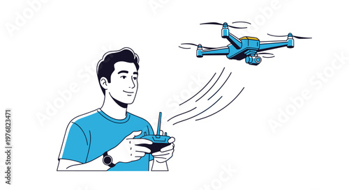 Focused man uses a remote controller to fly a blue camera drone in the air, representing modern technology and hobby photography.
