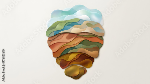 Abstract layered paper cut terrain illustration with organic topographic shapes in earthy tones and modern 3D stacked design composition