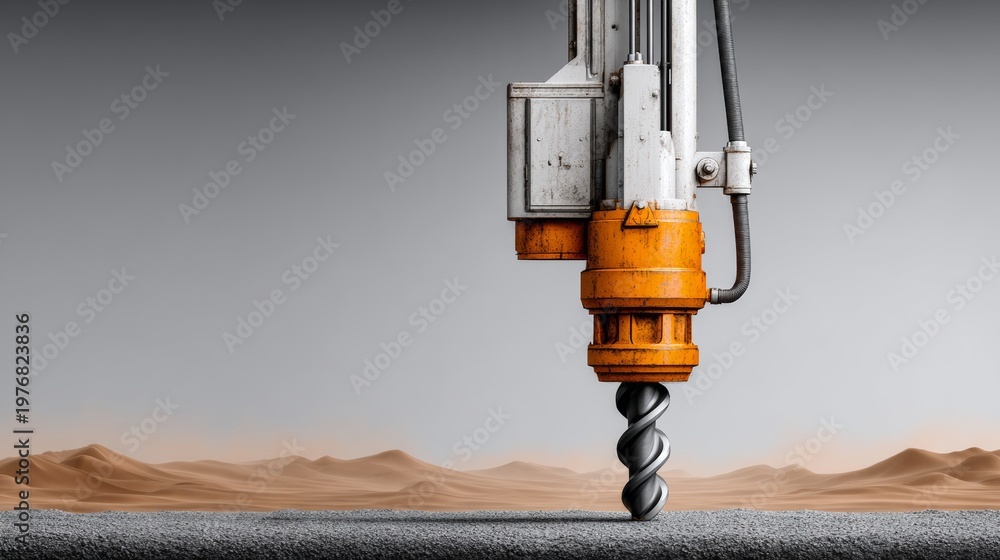 Obraz premium Industrial drilling machine with spiral drill bit positioned above a textured surface in a barren landscape, showcasing advanced technology and engineering design