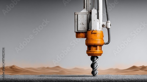 Industrial drilling machine with spiral drill bit positioned above a textured surface in a barren landscape, showcasing advanced technology and engineering design