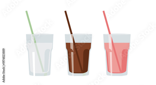 Three glasses of delicious milkshakes in chocolate, strawberry, and vanilla flavors are shown with straws for a refreshing treat.
