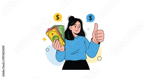 Happy woman in a blue shirt holds a stack of cash and gives a thumbs up, representing financial success and money management.