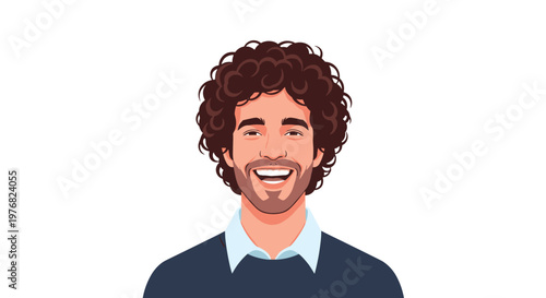 Young man with curly brown hair and a neat beard expresses joy while wearing a navy blue sweater over a light blue collared shirt on a white background.