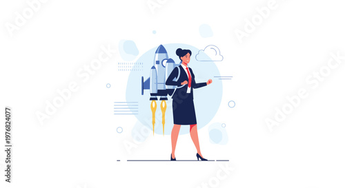 Ambitious businesswoman wears a rocket backpack and prepares for takeoff, symbolizing rapid career growth and high aspirations.