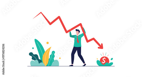Determined businessman struggles to lift a falling red economic trend arrow to prevent financial loss and save a glowing dollar sign symbol below.