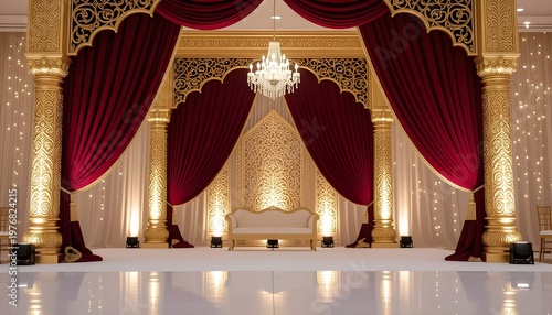 Traditional Pakistani wedding stage decoration with maroon velvet curtains and gold carvings