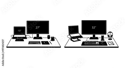 Minimalist workspace silhouettes with laptop and monitor, modern desk setup vector icons, office workstation with 27 and 32 inch screens