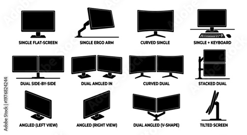Computer monitor setup icons, 12 desktop screen configurations in black silhouette, dual display and curved monitor vector set for office workspace