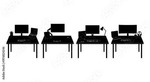 Minimalist office desk silhouette collection, modern workspace furniture with computer monitors and laptops, 4 vector workstation setups for remote work
