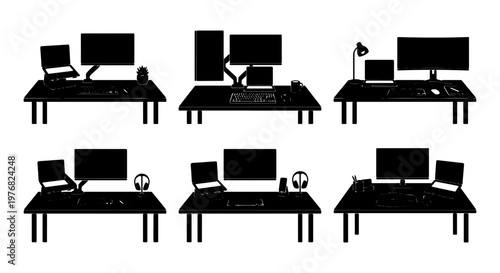 Minimalist workspace silhouette collection, 6 modern desk setup vector icons, professional office workstation with computer monitors and laptops
