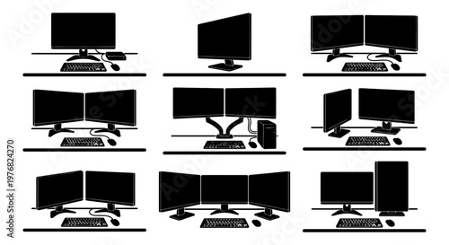 Computer workstation silhouette icons, set of 9 desktop PC setups with dual and triple monitors, office desk equipment vector illustrations