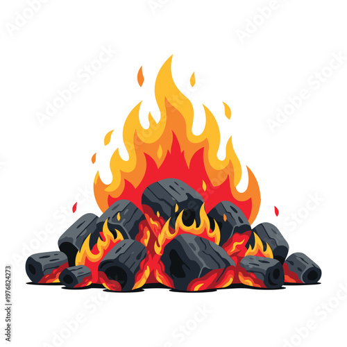 Burning Charcoal Briquettes with Flames - BBQ Grill Heat Energy