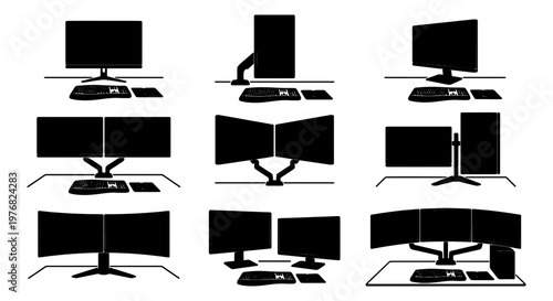 Minimalist computer monitor workstation silhouettes, set of 9 desktop screen setups with keyboard and mouse, professional office desk vector icons