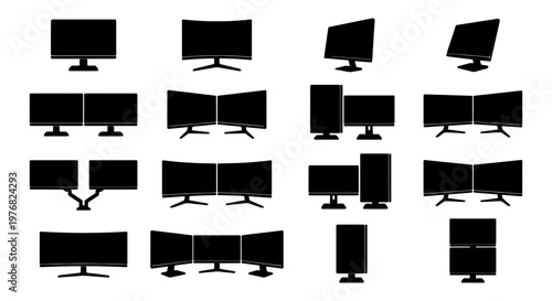 Computer monitor silhouette icons, set of 16 desktop screen vector elements, dual and triple display workstation setups for gaming and office